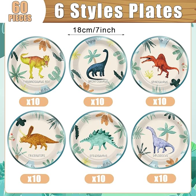 60 PCS Dinosaur Theme Birthday Party Paper Plates Dinosaur Birthday Decorations 7 Inch Dino Design Paper Dessert Plates Colorful Watercolor Dino Plate for Kids Summer Party Baby Shower Supplies
