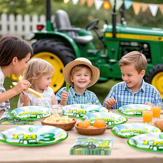 Grencian 96Pcs Tractor Birthday Party Decorations Tractor 3rd Birthday Party Plates Disposable Green Tractors Paper Tableware Set for Kids Boys 3 Years Old Supplies Serves 24