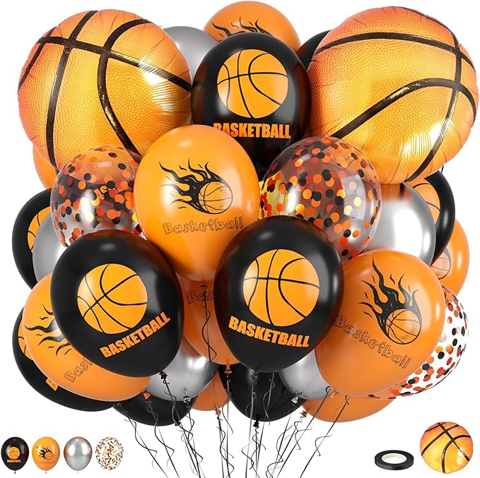 Basketball Balloons, Orange Black Metallic Silver Confetti Balloons with Basketball Foil Balloon for Boy Birthday Sport Party Graduation Baby Shower Backdrop
