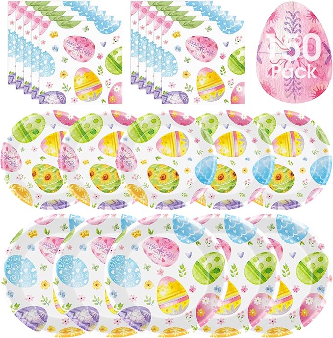 150 Pack Happy Easter Plates and Napkins Sets - Disposable Spring Paper Plates Napkins Dinnerware, Watercolor Easters Eggs Dessert Dinner Plate for Easter Party Supplies Table Decorations, Serve 50