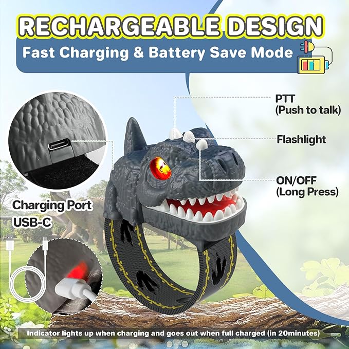 Dinosaur Walkie Talkies for Kids, Dinosaur Toys, Rechargeable Wrist Walkie Talkie with Flashlight, Outdoor Adventure Camping Gear, T-Rex Dino Toy Birthday Gifts for Boys Girls 3-12 Years Old