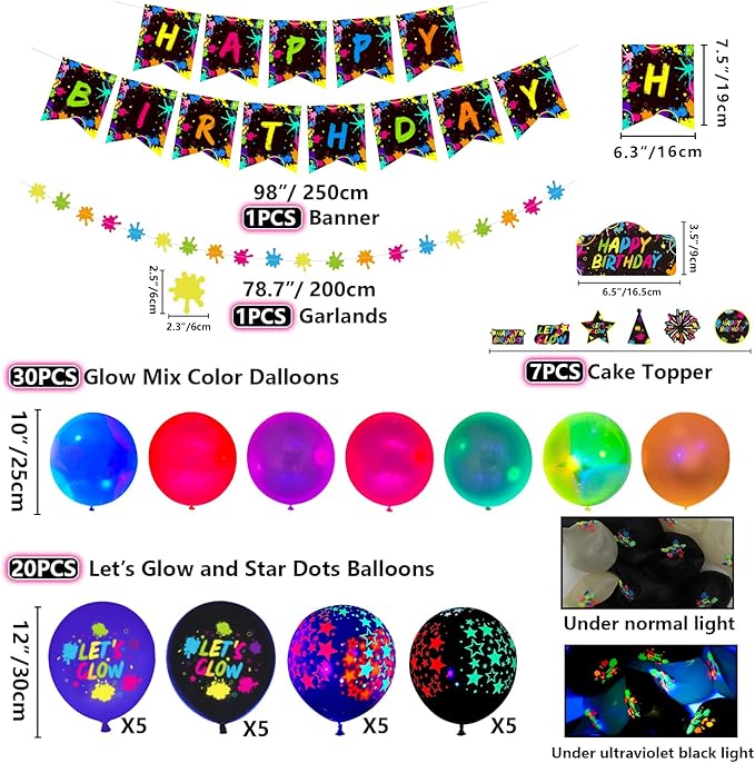 225 Pieces Glow Neon Party Supplies - Balloon, in the Dark Birthday Banner, Garlands, Cake Topper, Tablecloth, Plates, Napkins and Cup for Blacklight Decorations, Serves 20 Guest