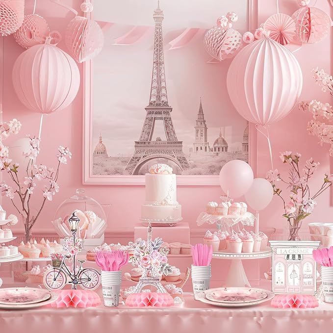 Paris Party Centerpiece Set - Eiffel Tower Honeycomb Paris Birthday Decorations and Paris Table Toppers for Kids' French-Themed Birthday and Baby Shower Table Decor