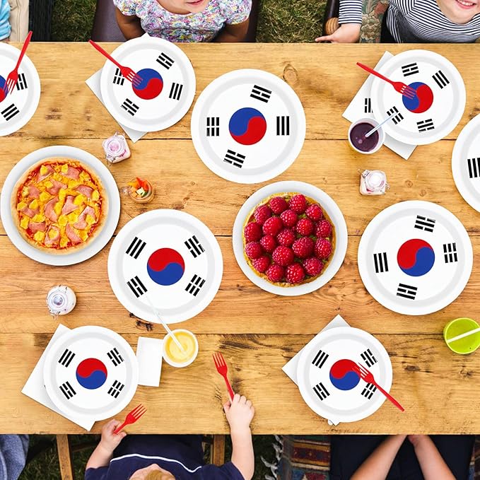 96 Pcs South Korea Flag Themed Party Supplies Disposable South Korean Paper Plates and Napkins Korean National Flag Tableware Set for Country Decoration Party Supplies, Serves 24