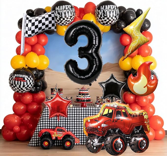 Truck Number 3 Balloons, Huge Truck Flags Lightning Flame Stars Aluminum Foil Balloons for 3rd Birthday, Race Car Theme Party Decorations Supplies