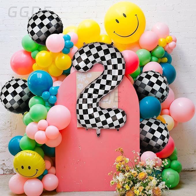 40 Inch Checkered Number Balloon 2 Black and White Two Fast Race Car Birthday Balloons Baby Hippie Smile Party Shower Boys 2nd Birthday Race Car Theme Party Decor Supplies 5 Pcs
