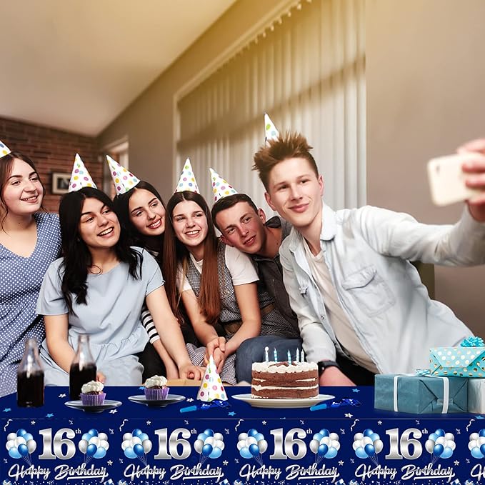 3 Pack Blue Silver 16th Birthday Tablecloth Decoration for Boy, Navy Blue Happy 16 Table Cover Party Supplies, Sixteen Years Old Birthday Disposable Rectangular Table Cloth for Indoor Outdoor