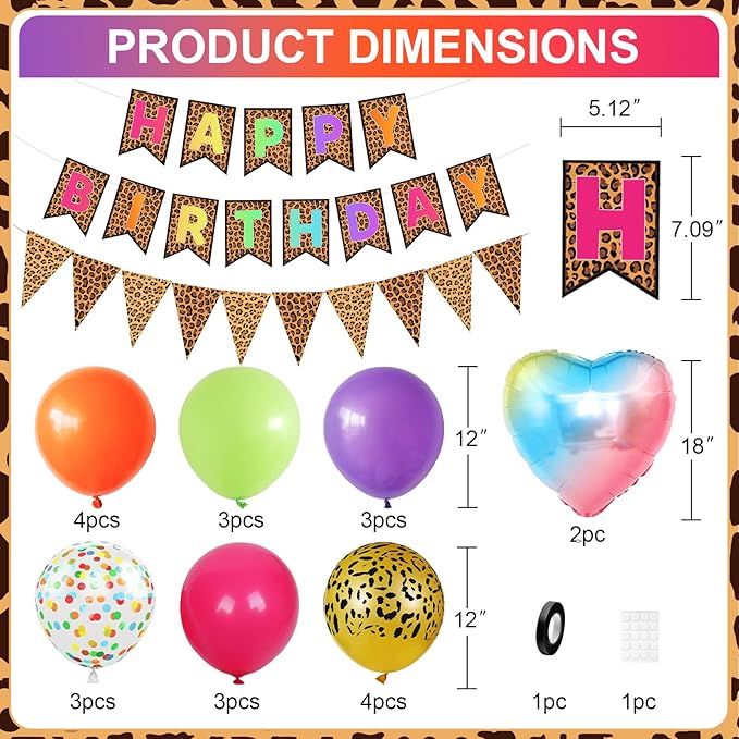 Leopard Print Happy Birthday Decorations, Gold Cheetah Print Animal Balloons Rainbow Heart Balloon with Birthday Banner for Safari Wild Birthday Baby Shower Jungle Zoo Theme Party Supplies