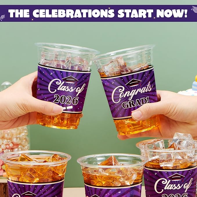 JOYIN 100 Pcs 16oz Graduation Party Plastic Cups (Purple), PET Cup Tableware Bulk for Class of 2026 Graduates, Grad Disposable Cups for 2026 High School College Graduation School Grad Party Supplies