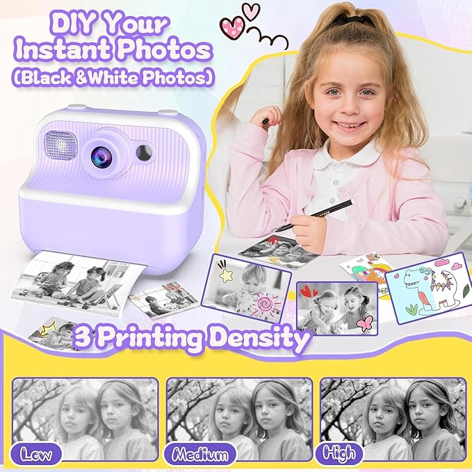 Kids Camera Instant Print, Toys for 3-12 Year Old Girls Christmas Birthday Gifts, 48MP Kids Selfie Digital Camera, 1080P HD Children Video Recorder, 2.4" Toddler Camera with Print Paper