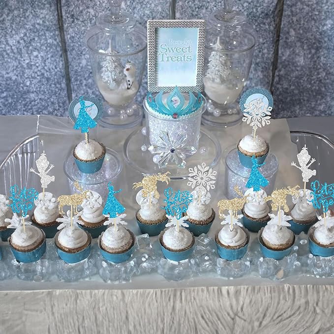 24Pcs Snowflake Cupcake Toppers Glitter Winter Frozen Theme Snowflake Deer Princess Cupcake Pick Decorations for Winter Wonderland Baby Shower Birthday Xmas Party Supplies