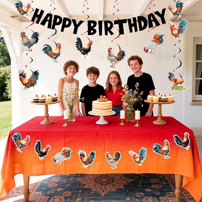 JOYMEMO Rooster Birthday Party Decorations for Boys Girls, Rooster Happy Birthday Banner, Chicken Hanging Swirls, Honeycomb Centerpieces, Farm Animal Chick Barnyard Theme Party Supplies