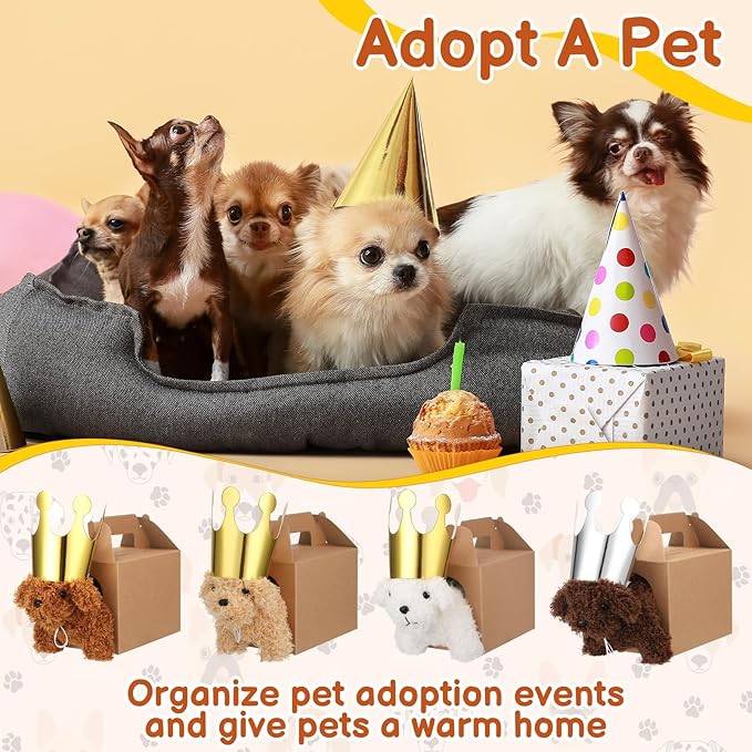 100 Pcs Adopt A Puppy Party Favors, Include 20 Foldable Puppy Boxes 20 Mini Stuffed Dogs 20 Birthday Hats 20 Greeting Cards 20 Stickers for Adopt A Dog Party