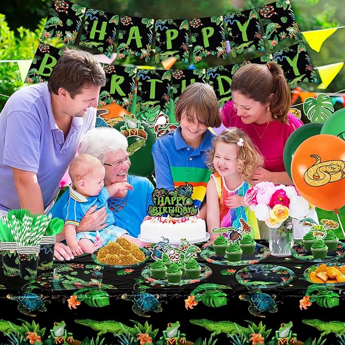 KEFAN Reptile Party Decorations, Wildlife Lizards Snakes Crocodiles Party Tableware Supplies including HAPPY BIRTHDAY Banner, Plates, Cups, Napkins, Tablecloth, Balloons-Serves 20