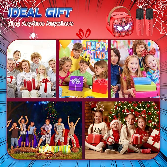 Spider Mini Karaoke Machine for Kids - TOP Karaoke Toys for 3 4 5 6 7 8 9 10 11 12+ Year Old Boys Girls, Portable Bluetooth Speaker with 2 Wireless Microphones, Kids Christmas Birthday Party Gifts