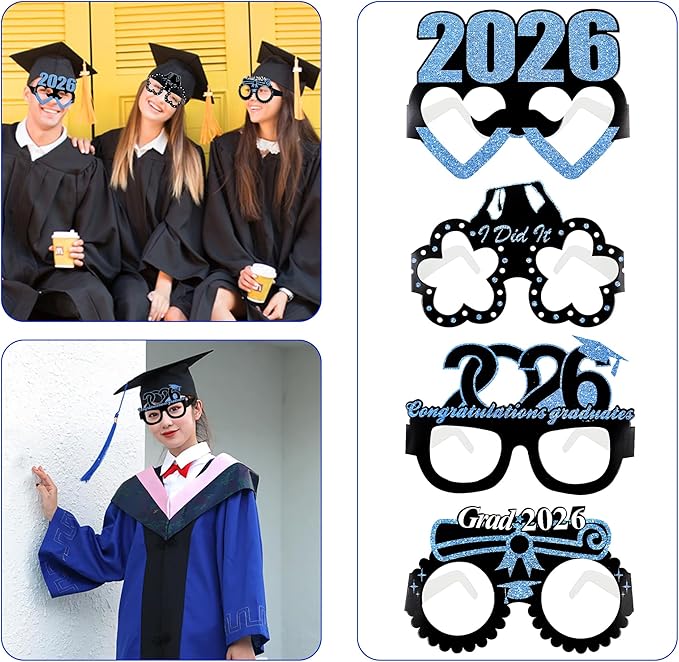 12 Pcs 2026 Graduation Party Glasses Class of 2026 Grad Party Eyeglasses Photo Props for Graduation Party Decorations（Blue）