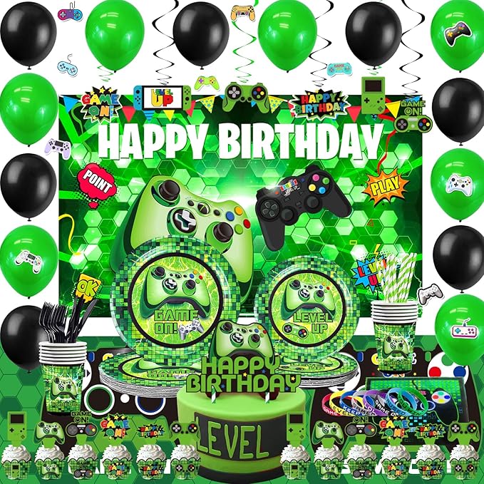 Green Gamer Birthday Party Decoration - 217Pcs Video Game Gaming Party Supplies For Boys Birthday Party - Backdrop, Table Cover, Plates, Cups, Napkins, Utensils, Hanging Swirls, Cupcake Topper, Cake