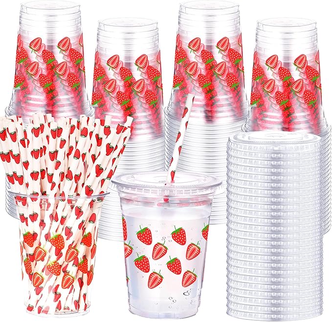 Yungyan 50 Sets 16 oz Strawberry Plastic Cups with Lids and Straws Strawberry Party Decoration Coffee Juice Disposable Drinking Cups for Berry First Birthday Decoration Baby Shower Party Supplies