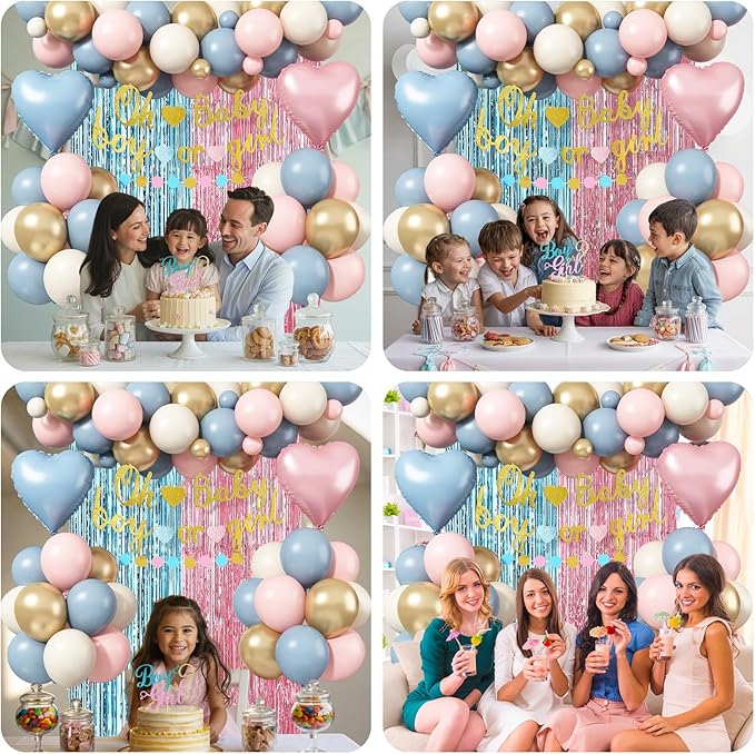 Boy or Girl Gender Reveal Decorations, Dusty Pink Blue Sand White Gold Latex Foil Balloon Oh Baby Banner Boy or Girl Cake Topper Fringe Curtain for Boho Baby Shower Gender Reveal Party Decoration