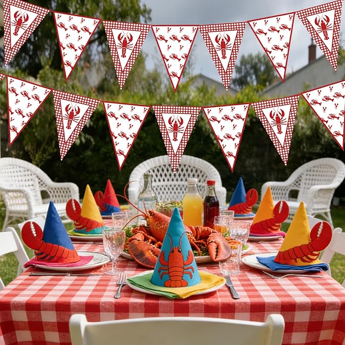 5 Pcs Crawfish Boil Party Decorations Crawfish Pennant Banner Shrimp Boil Pennant Flags Red Plaid Hanging Banner for Lobster Birthday Mardi Gras Summer Shrimp Seafood Boil Party Supplies