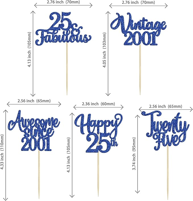 Ephlyn 30Pcs Happy 25th Birthday Cupcake Toppers Glitter Twenty-Five 25 Fabulous Vintage 2001 Cupcake Picks for 25th Birthday Anniversary Retirement Party Cake Decorations Supplies Dark Blue