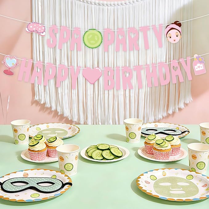 Spa Party Banner Spa Party Decorations Supplies for Girls Pink Happy Birthday Banner Sign Spa Themed Garlands for Princess Sleepovers Slumber Makeup Party Decorations