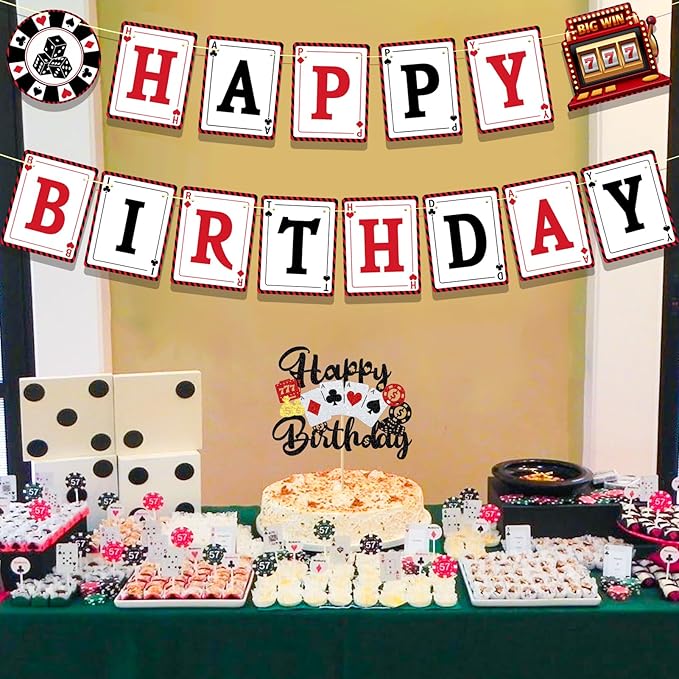 Casino Theme Party Decorations Poker Night Happy Birthday Banner With Glitter Las Vegas Casino Cake Decorations Poker Cake Topper Casino Party Supplies, Caisno