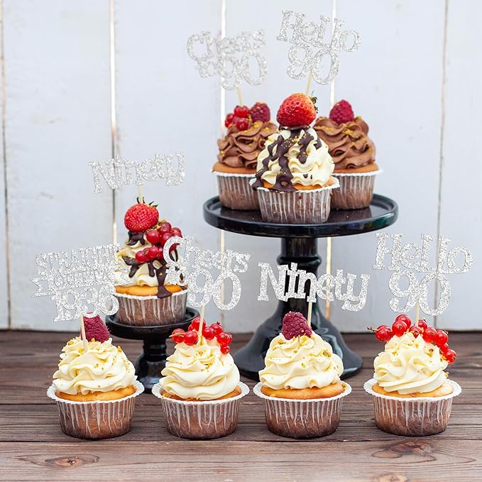 Ephlyn 24Pcs Happy 90th Birthday Cupcake Toppers Glitter Straight Outta 1936 Cupcake Picks Hello 90 Cheers to 90 Years Birthday Cake Decorations for 90th Birthday Anniversary Party Supplies Silver