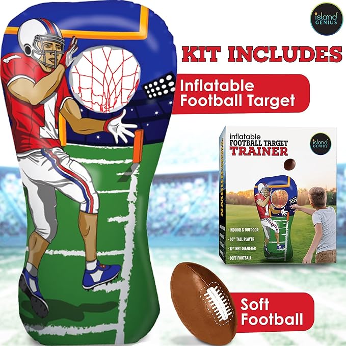 Island Genius Inflatable Football Target Toss Toy and Game for Boys Ages 8-12, 60 inch Receiver with Mini Soft Football