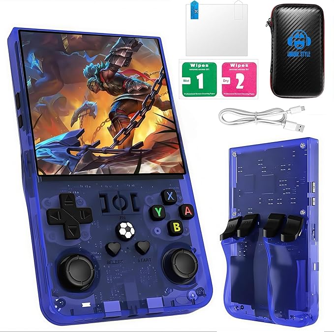 R36Max Handheld Game Console - Preloaded 18000+ Classic Games, for Gamer Dads Video Game Console (64Gb Translucent Blue)