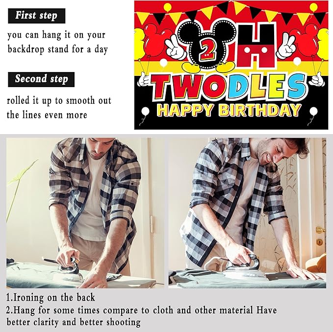 Cartoon 2nd Birthday Party Decorations – 5x3FT Backdrop Banner with 18 Black Red Yellow Balloons, Cute Mouse Theme Photo Props Background for “Oh Two” Party Celebration Supplies