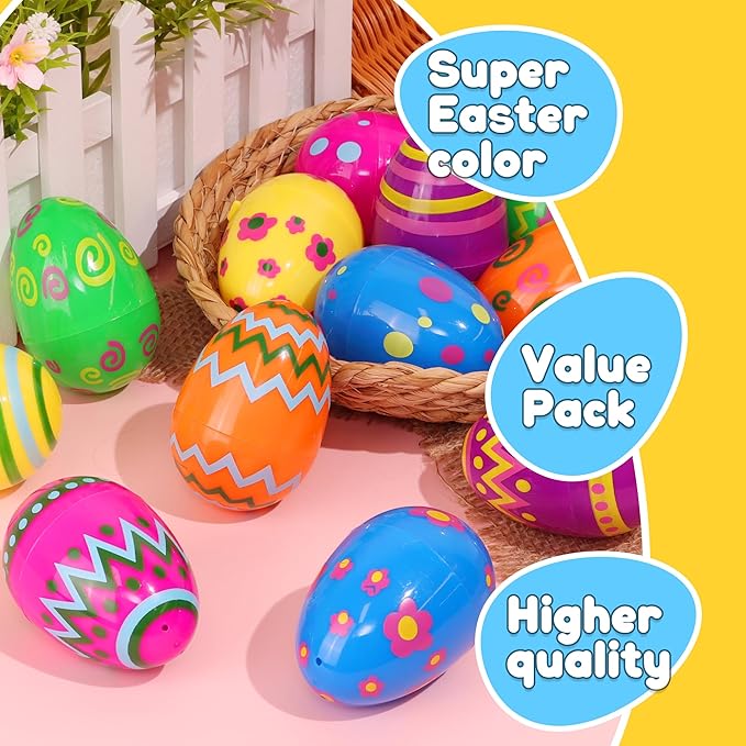 36 Pack Plastic Printed Easter Eggs, 3.15'' Tall Fillable Empty Eggs Bulks for Easter Eggs Hunt, Easter Basket Stuffers Fillers, Classroom Prize Supplies, Filling Treats and Party Favors