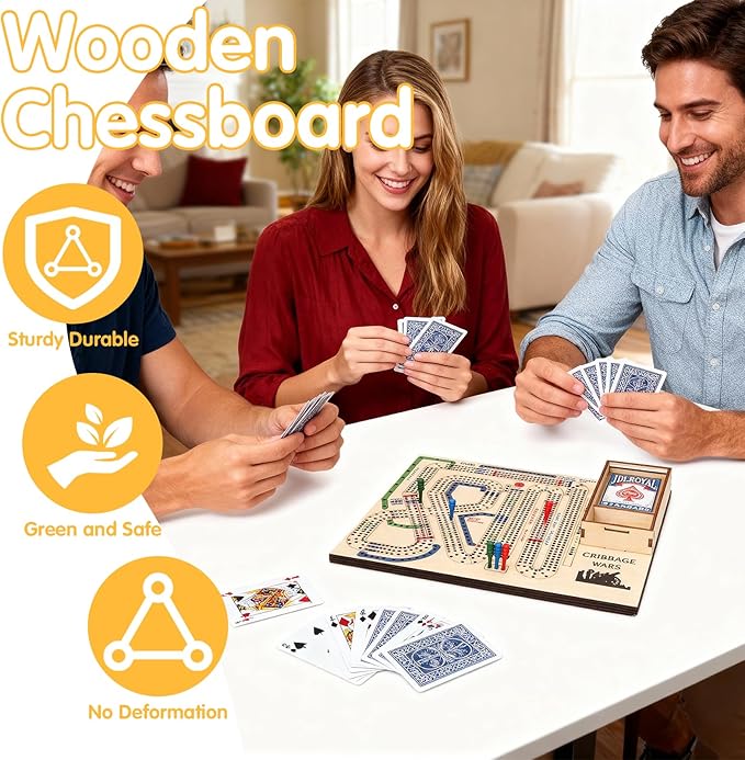 Cribbage Wars Board Game,2025 Wooden Cribbage Board Game Set Traps Games Classic Night Bar Games for Families with Built-in Storage Compartment for Cribbage Pegs