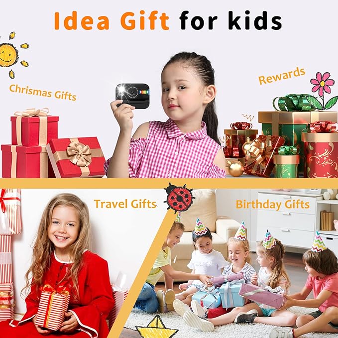 Instant Print Camera for Kids with 5 Color Print Paper, 48MP Photo 1080P Video, 21 Fun Frames, 32GB Card, Birthday for Girls Boys Age 3 4 5 6 7 8 9 10 11 12 Years Old Black
