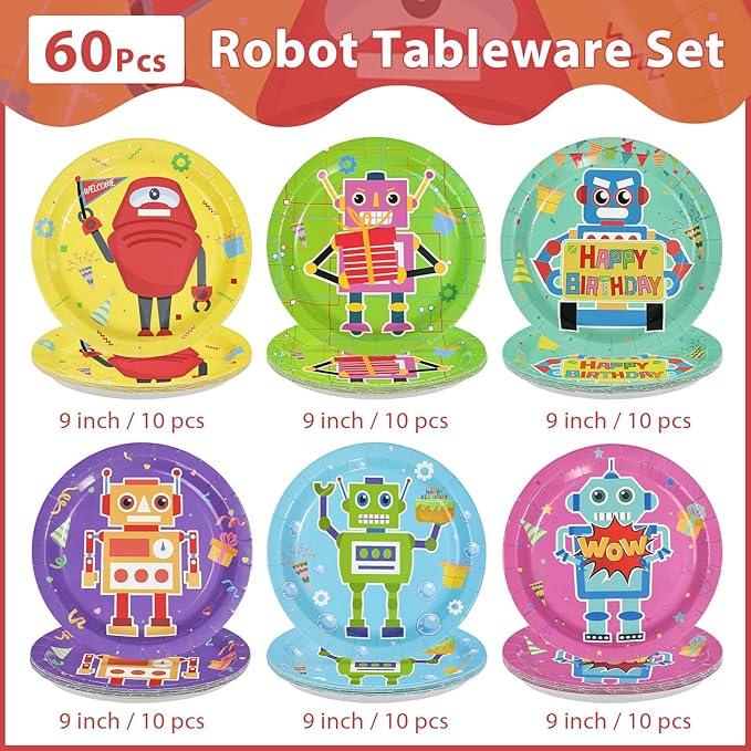 60Pcs Robot Birthday Party Decorations 9 Inch Disposable Heavy Duty Robot Birthday Paper Plates Cartoon Robots Funny Colorful Dessert Themed Plates for Boys Kids Baby Shower Game Party Supplies