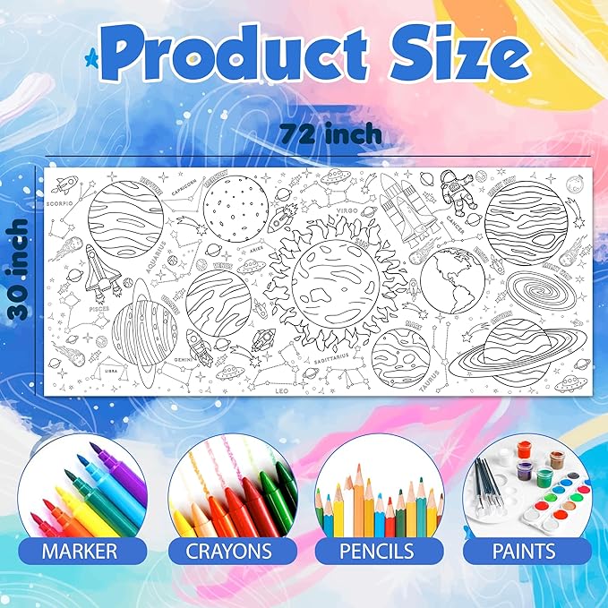 OHOME Space Giant Coloring Poster/Tablecloth - Space Themed Party Decorations - 30 x 72 Inches Jumbo Coloring Banner Kids Crafts Activities Decor Party Supplies