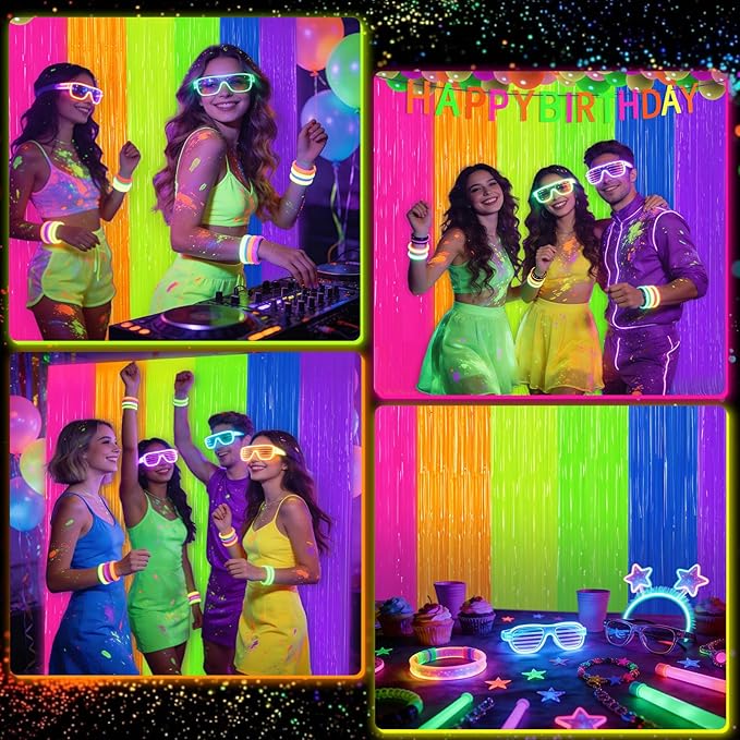 2 Pack Glow in The Dark Tinsel Curtains, Neon Party Decorations 3.3 x 6.6 Ft Blacklight Reactive Fluorescent Party Backdrop for Birthday， Wedding, Neon Party, Glow Party Decorations Supplies