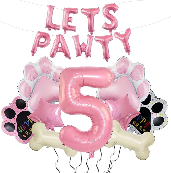 5th Dog Balloons 18pcs Lets Pawty Balloons Dog Paw Birthday Decor Pink 32 inch Pink Number Balloons 5 Mylar Foil Balloons for Lets Pawty Birthday Decorations Dog 5th Birthday Party Supplies