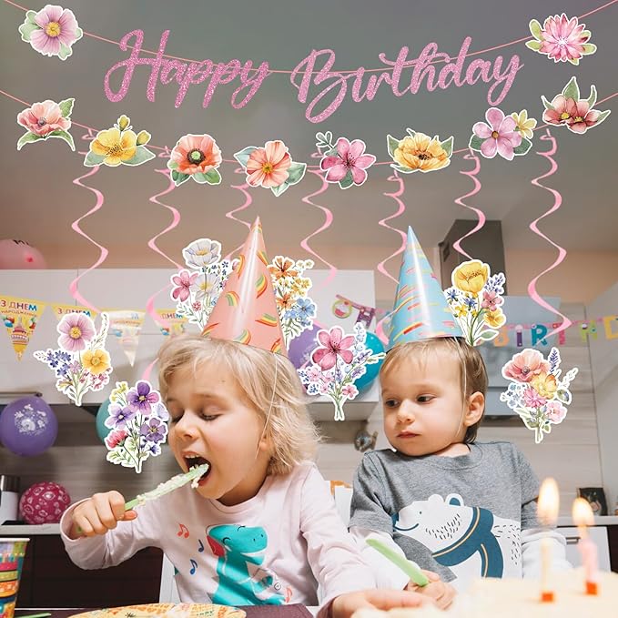 Wildflower Happy Birthday Decorations - 10 Pcs Birthday Party Decorations for Girls Glitter Banner Garland Floral Hanging Swirls Decor Flower Decoration for Women Party Supplies