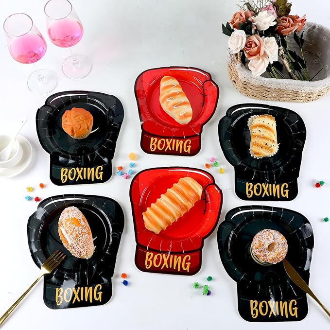 48PCS Boxing Birthday Party Supplies Red Black Boxer Gloves Plates Wrestling Tableware Set Boxing Disposable Dinner Dessert Dinnerware for Men Kid Adult Sports Birthday Party Decorations