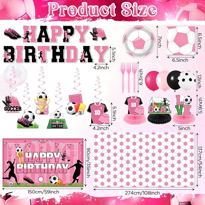 Pink Soccer Decorations for Girls Soccer Happy Birthday Banner Backdrop Balloons Football Plates Napkins Tablecloth Honeycomb Centerpieces Hanging Swirls Decor for Women Sports Party Supplies Serves10