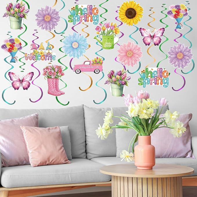Spakon 72 Pcs Hello Spring Hanging Swirl Decorations Spring Party Decoration Assorted Sunflower Tulips Trucks Gnome Butterfly Ceiling Decor for Office Party Favors Home Supplies