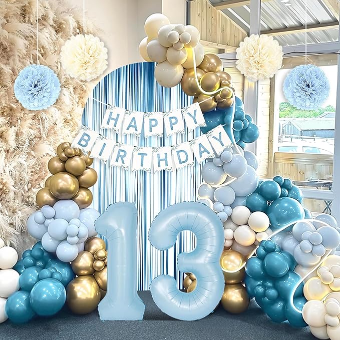 13th Birthday Decorations for Girls, Blue Official Teenager Decorations Light Blue White Gold Balloons Happy Birthday Banner Tablecloth Fringe Curtain Cake Topper Paper Pom Poms 13 Bday Boys Girls
