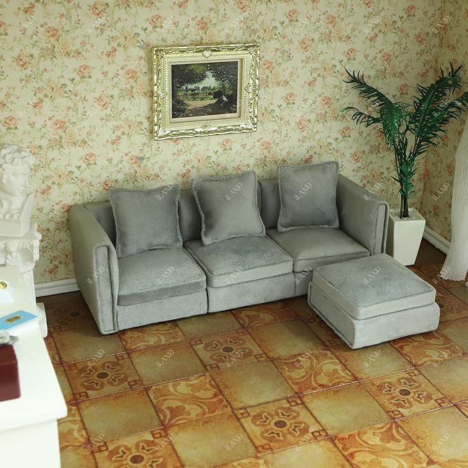 iLAND Dollhouse Furniture Miniature Sectional Couch Set Fit 1/12 Scale Accessories for Doll House Décor and 3 to 6 inches Doll Figure, Modern Light Grey Velvet Sofa Elegant & Classic