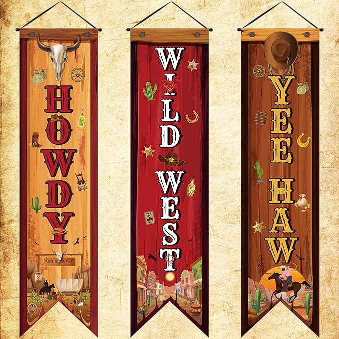 3 Western Party Decorations Cowboy Banners Wild West Hanging Decor Howdy Yes Haw Porch Sign Backdrops for Indoor Outdoor Cowboy Birthday Photo Props Wedding Party Supplies (Western)