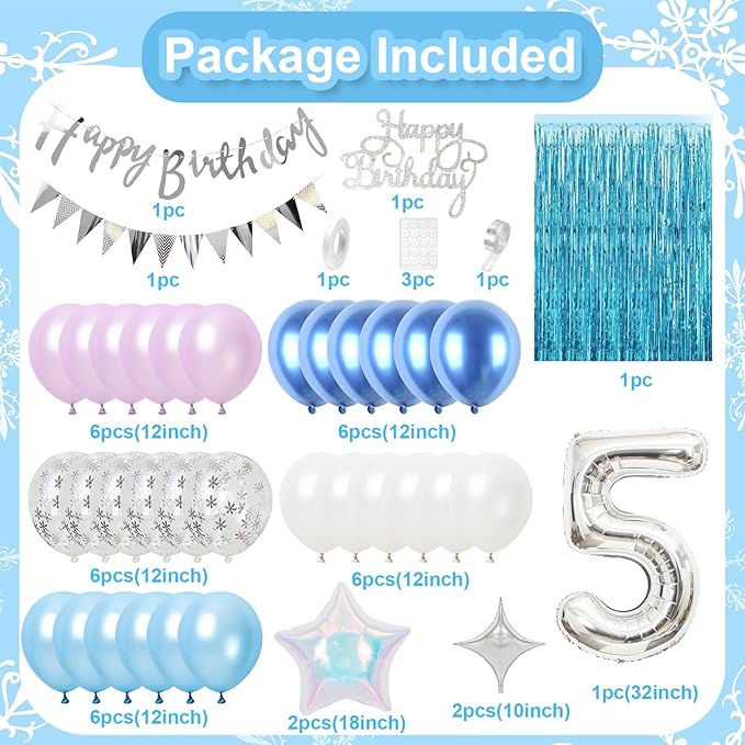 5th Snow Birthday Decorations for Girl, Blue Purple Balloons with Happy Birthday Banner Curtain Silver Number 5 Balloon Iridescent Star Foil Balloons for Girls Baby Shower Birthday Party Supplies