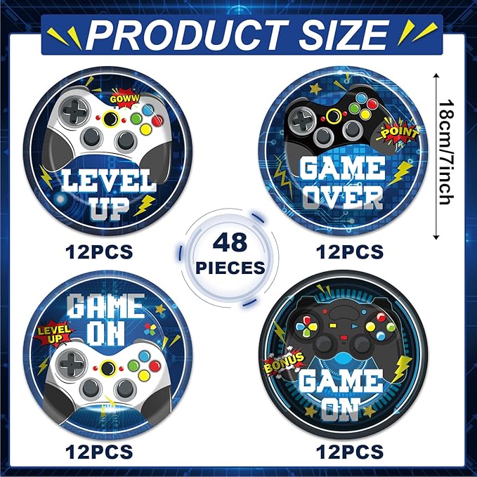 48PCS Video Game Birthday Plates Video Gaming Themed Party Decorations Gaming Paper Plates for Gamers Boys Birthday Decorations 7" Gaming Controller Dessert Plate Disposable for Gamer Party Supplies