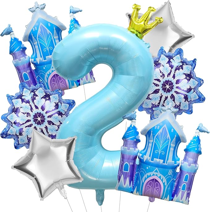 7Pcs 2nd Birthday Party Decorations Balloons,Winter Snowflake Balloons Large Blue 40 Inch Number 2 Balloon Foil Star Castle Ballon for Birthday Party Favor Decor Supplies Winter Wonderland Decoration