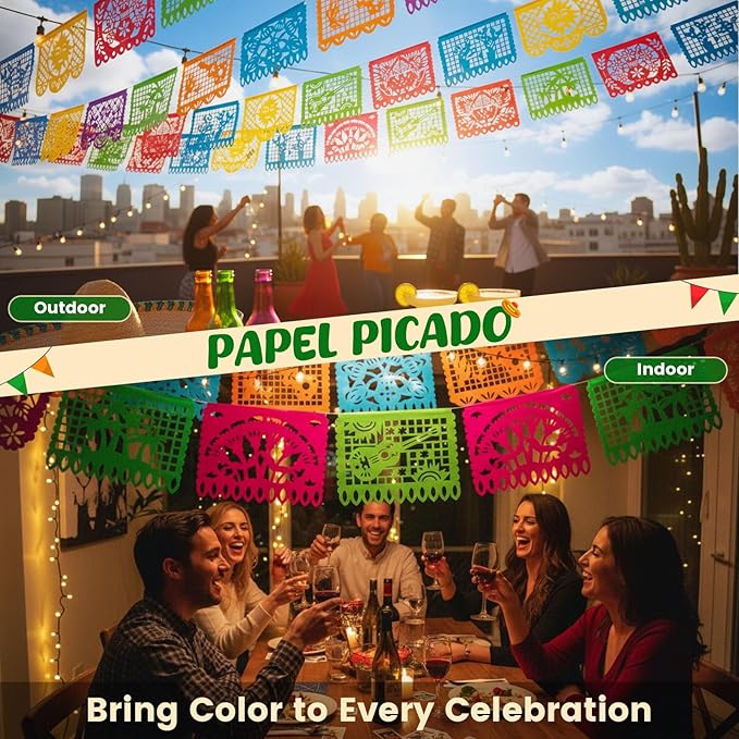 DomeStar Mexican Party Decoration, 18 Feet Plastic Papel Picado Fiesta Banner Cinco de Mayo Garland for Mexican Birthday Fiesta Party Supplies