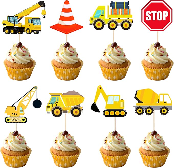 24 PCS Construction Cupcake Toppers Stop Sign Dump Truck Excavator Tractor Party Cake Food Picks Decorations for Construction Theme Baby Shower Kids Birthday Party Supplies